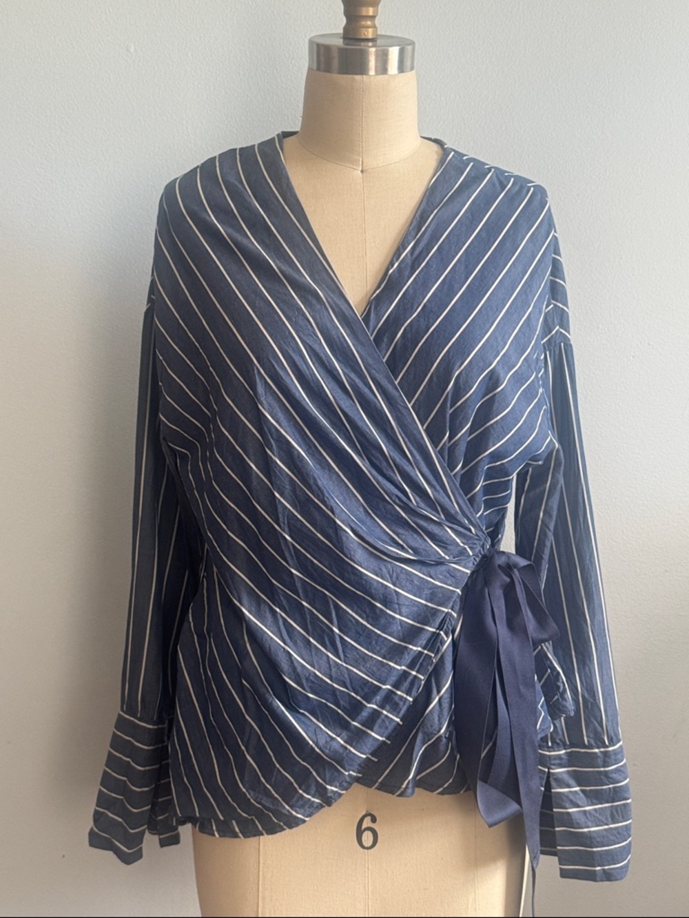 Striped Blue Wrap Blouse with Side Tie